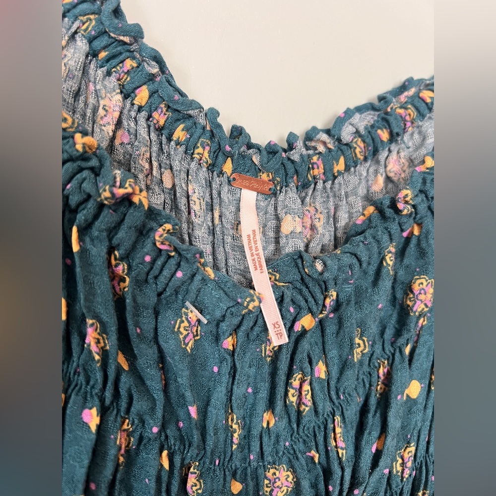 Free People Clementina Ruched Asymmetrical Floral Mini Dress Teal Size XS fits M - Picture 10 of 11